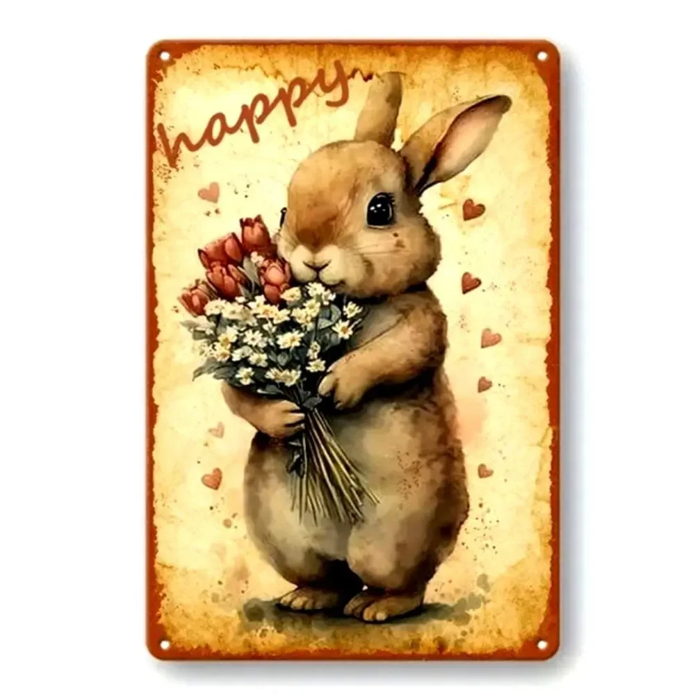 Rabbit sign Easter bunny w Flower Bouquet Vintage retro style wreath home decor